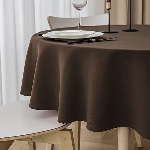 Yeahshion Schmutzabweisende Runde Tischdecke Braun Φ120cm, wasserdichte Tischdecke aus Polyester mit Gewelltem Rand für Tisch, Essen, Restaurant