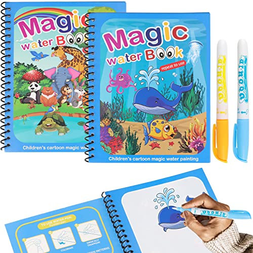 RNHDLY Wassermalbuch 2 Set Wasser Malbuch mit Wasserstift, Wasserzauber Malbuch, Wassermalbicher Kinder für Jungen und Mädchen Bildung Zeichnung Spielzeug, Meeres und Tierthemen