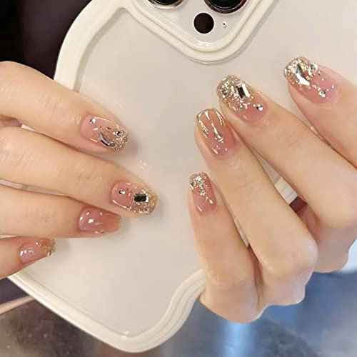 Carufin 24 PCS Chessboard Star Moon Nail Stickers Platinum Powder Stars Crystal Fake Nail Stickers Press on False Nails Daily Wear Artificial Nails (C)