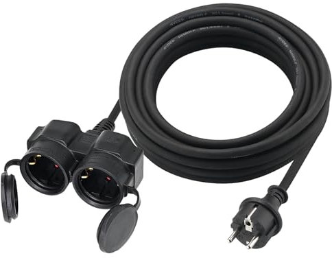 Verlängerungskabel Outdoor 3m mit 2 Schuko-Steckdosen, Gummi Doppel-Verlängerung Stromkabel für den Außenbereich IP44, 2 Schutzkontakt Buchsen mit Schutzkappe, 2-Fach Verteiler außen, 3500W, Schwarz
