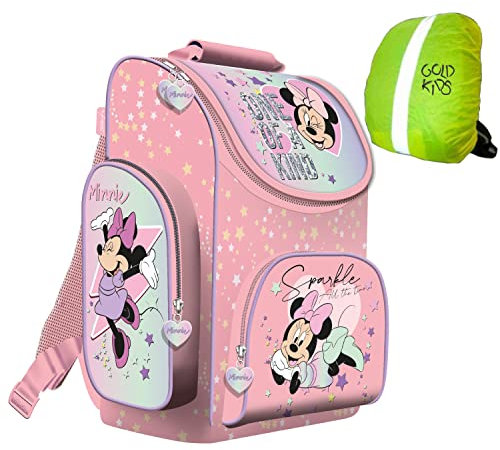 Kinderrucksack Rucksack Schulrucksack Ranzen Tornister Disney Minnie Mouse Motiv ab 1. Klasse Grundschule inkl Regenschutz