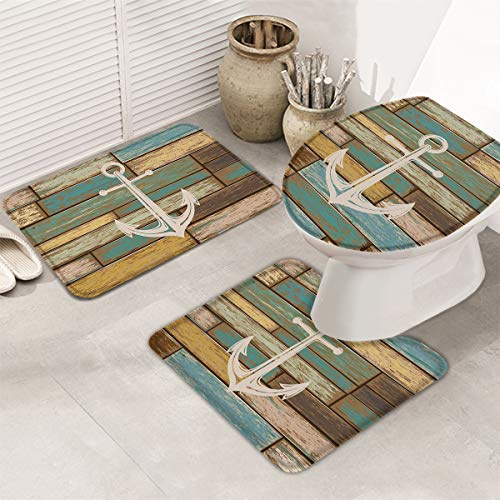 Set 3 Teilig Badvorleger Anker Vintage Alte Holzbrett Textur Langlebige Bade-Matte+Kontur+Wc-Deckelabdeckung Anti-Rutsch Badteppich Für Wohnzimmer Wc-Sitz Bezug Badezimmer