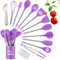 DLD Set de 23 ustensiles de cuisine en acier inoxydable, cuisson, antiadhésif, silicone résistant à la chaleur, avec support et éplucheur, gadgets de cuisine (violet)
