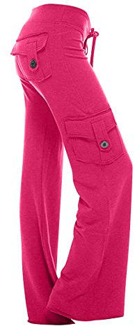 AMhomely Women Work Trouser w/ Knee Pad Pocket Elastic Waist Cargo Pants Drawstring Straight Leg Joggers Loose Fit Trousers Hiking Running Outdoor Sports Pants Long Trousers Hot Pink Small