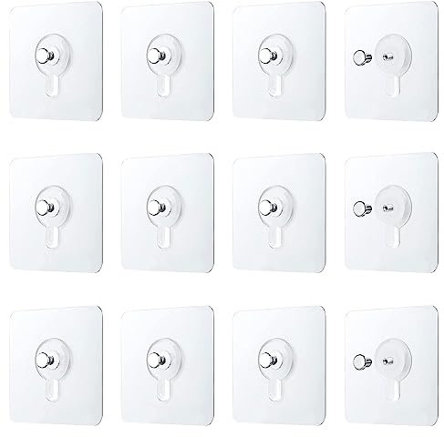 12Pcs Adhesive Picture Hooks, Transparent Picture Hooks No Nails Hang Pictures Without Nails Sticky Picture Hooks for Pictures, Frames, Wreath and Wall Decoration (6x6cm/2.4x2.4in)