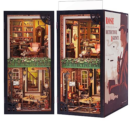 CUTEBEE DIY Book Nook Kit de Maison de Poupées Miniatures avec Meubles et Lumière LED,Puzzle 3D en Bois,Serre-Livres d'art,Kits de modèles pour Adultes à Construire(Agence de détective Rose)