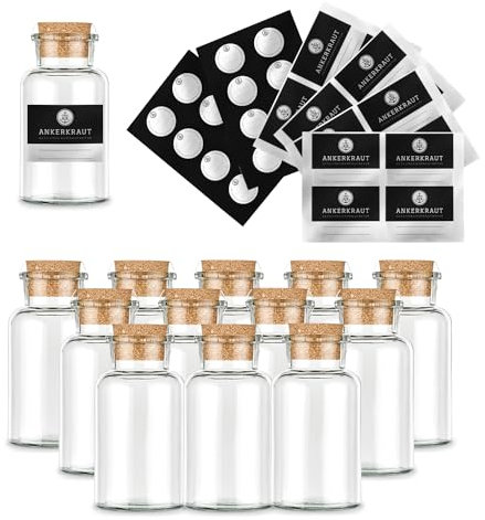 Ankerkraut leeres Korkenglas, groß, 6 Stück Gewürzgläser, inklusive Etiketten zum selber Beschriften, zum Abfüllen von Gewürzen, Kräuter, Bonbons, großartiges Gast-Geschenk, 300 ml, Embossing