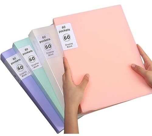 Präsentationsmappe mit Kunststoffhüllen, A4, mit 60 Taschen, gebunden, Dokumenteneinlage, Testpapier-Broschüre für Kunstwerke, Berichtsblatt, Briefe (cremeweiß + grün + rosa + lila)