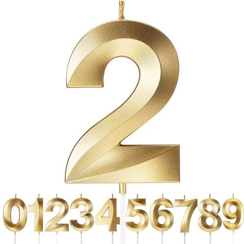 Birthday Candles Number Candles Age Year for Cakes Happy Birthday 3D Designed Wedding Anniversary Party Cake Topper Decorations (Gold, 2)