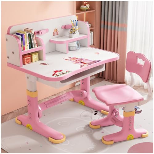 SINBINTA Höhenverstellbarer Kinder-Schreibtisch und Stuhl-Set, rutschfester, stabiler Kinder-Schreibtisch mit Schublade, Bücherregal, Cartoon-Muster, Kinder-Schreibtischstuhl-Set für Jungen und
