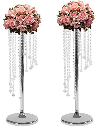 Metall Blumenständer Hochzeitsdekoration mit Kristallanhänger, Hohe Blumenboden Vase Blumenständer MetallSäule Vasen, Blumenvasen Blumenhalter mit Metall Basis für Hochzeit, Party (Silber)