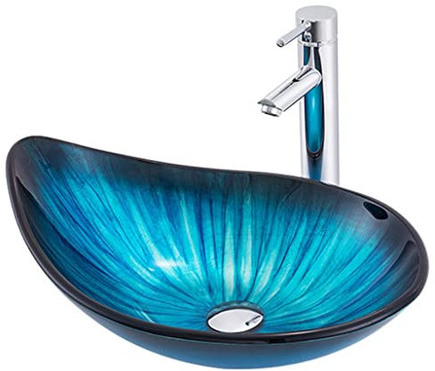 Ovales künstlerisches Waschbecken, Aufsatzwaschbecken für Badezimmer, Waschbecken aus gehärtetem Glas, mit verchromtem Wasserhahn und Pop-up
