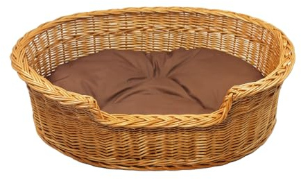 Damian-Wiklina Hundebett – Katzenbett – Hundeliege – Katzenliege – Katzenkorb – Hundekorb aus Weide – Hundekörbchen – BTH 79x59 H16/22 cm – mit Brown-Kissen