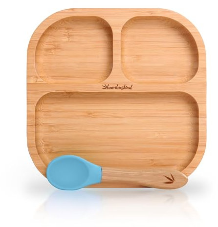 bambuskind Plato infantil con ventosa skyblueI Incluye libro electrónico de recetas, plato antideslizante de bambú con cuchara, juego de vajilla infantil para aprender a comer I sin plásticos nocivos
