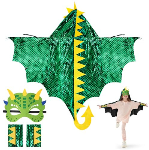 Aomig Dinosaurier Umhang Kinder 3Pcs Grün Drachenflügel Cosplay Kostüm Cape mit Dino Maske Drachen Mantel Kleidung Kinderkostüm Rollenspiel Halloween Karneval Fasching Maskerade Jungen Mädchen 110cm