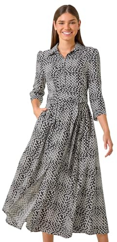 Roman Originals Shirt Dress for Women UK- Ladies Long Sleeve Belted Collared Midi Maxi Winter Autumn Smart Casual Button Through Evening Office A Line Swing Skater - Black Ivory - Size 14