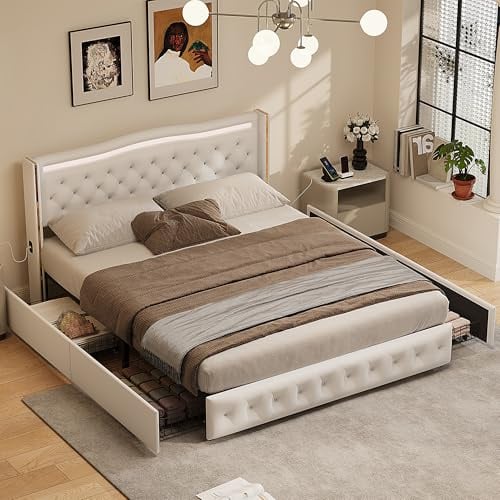 VixorLuilith Bett 140 x 200 cm Polsterbett LED-Kopfteil mit USB-Aufladung Stauraumbett mit 4 Schubladen Doppelbett mit Lattenrost Funktionsbett Bettgestell mit Rückenlehne (140x200cm)