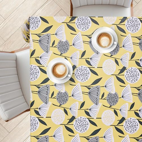 KP HOME Florale PVC Tischdecke Abwischbar Mit Glitzereffekt – Rechteckige Wachstuchtischdecke 200x140 cm – Gelbe Wasserdichte Und Abwischbare Kunststoff-Tischdecke Mit Großen Grauen Blumen – Wachstuch