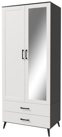 URBNLIVING 180cm Tall Black Freestanding Mirror Wardrobe 2 Door 2 Drawer Modern Shelf Clothes Storage Cupboards Unit for Bedroom Hanging Rail with Wooden legs