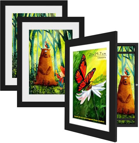 Tinkeps Kinderbilderrahmen A4, 3er-Set, Schwarze Holzrahmen mit bruchsicherer Acrylglasplatte, ideal zur Präsentation von Kunstwerken und Kinderfotos