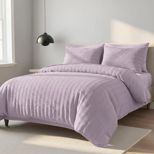 Z&A Homz Z&A Bedding Double Seersucker Duvet Cover Lilac - Breathable & Washable Comforter with Pillowcases - Luxury Soft Brushed Microfiber Quilt Cover - Easy Care Comforter Set