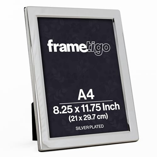 Frametigo - Silver Plated Flat Edge Photo Frame, A4/8.25”x11.75” (21x29.7cm) Photo Size - Velvet Frame Backing & Stand - Real Glass Window - Tarnish-Resistant - Landscape or Portrait Orientation