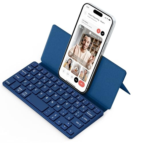 CACOE Tastiera Bluetooth con Supporto, Mini Portatile Super Leggero | Mini Tastiera Pieghevole, a Doppio Canale per Cellulare, Smartphone E Altro iOS Android Windows, Mare Blu