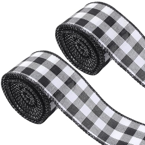 CABODYALS 2 Rolle 50mm 9.14 m Schwarz Weißes Weihnachtsbaum Büffelkaroband Kariert Gewebter Rand Tartan Besatz Kariertes Gingham Leinenbesatz Für Geschenkverpackungen Schleifen Kränze DIY Bastelbedarf