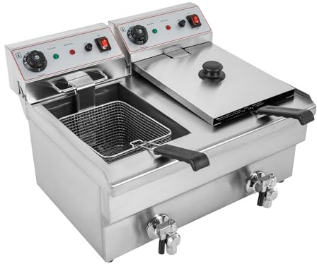 Öl-Fritteuse Gewerbliche Frittiermaschine Kommerzielle Doppelfritteuse 20L Edelstahl Fritteuse 6000W Fritöse Temperatur Einstellbar 60-200℃ Gastro-Fritteuse mit AutomatischThermostat