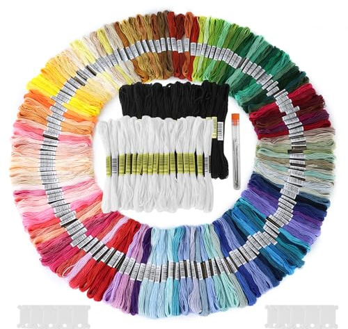 Stickgarn,Stopfgarn für Stick Garn Freundschaftsbänder,150 Farben Embroidery Thread und 30 Stk.Schwarz Weiß für Armbänder Knüpfen Basteln Crafts Arts Kreuzstich
