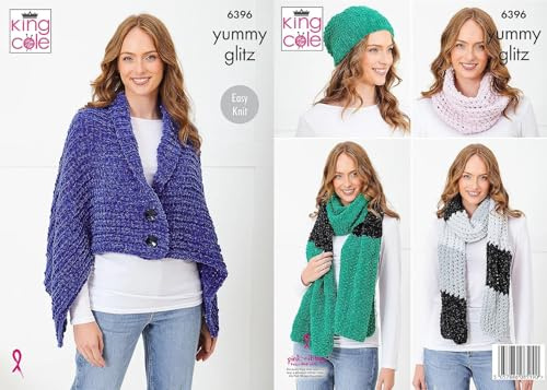 King Cole Yummy Knitting Pattern Pamphlet - 6396 Ladies Scarves, Cowl, Shrug Wrap & Hat (5 Designs) Easy Knit