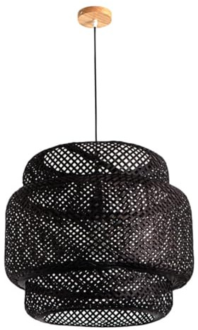 WATIIFUFU Lampe Suspension Tissée Bambou Noir Abat-jour Plafonnier Retro pour Salon Salle à Manger Bureau et Facile à Installer