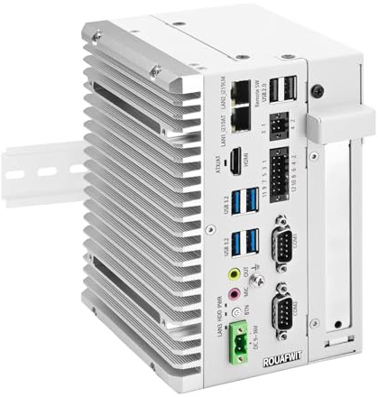 ROUAFWIT Mini PC Industrial Fanless Embedded Computer i5 8265U Dual LAN 2RS232COM DIN Rail PC 8Pin GPIO 4USB 4K Dual Display Auto Power On DDR4 0G RAM 0G SSD, 1 x PCIe x1 Slot, Win 11 pro
