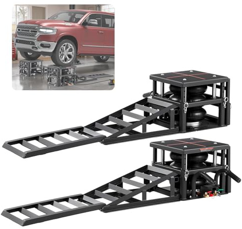 VEVOR Air Hydraulic Jack Car Ramps 2PCS, 11023 lbs/5 Ton Capacity, 12.6 inch Max Height, Pneumatic Ramp Jacks with Airbags, Wheel Chocks, Extension Ramps, Heightened Columns, Heavy-Duty