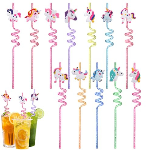 12 Stück Einhorn Strohhalme Kinder 27cm, Bunte Plastik Strohhalme mit Glitzer-Effekt, Party Zubehör für Kindergeburtstag, Wiederverwendbare Trinkhalme Einhorn Deko