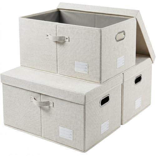 PRANDOM Aufbewahrungsbox mit Deckel Groß,Beige[3-stück] 58x40x30cm | Faltbare,Stapelbar,Stoffbox,Mit Griff,Dekorative Würfel,Mit Etikettentasche,Ordnung und Aufbewahrung,Schlafzimme,Schrank