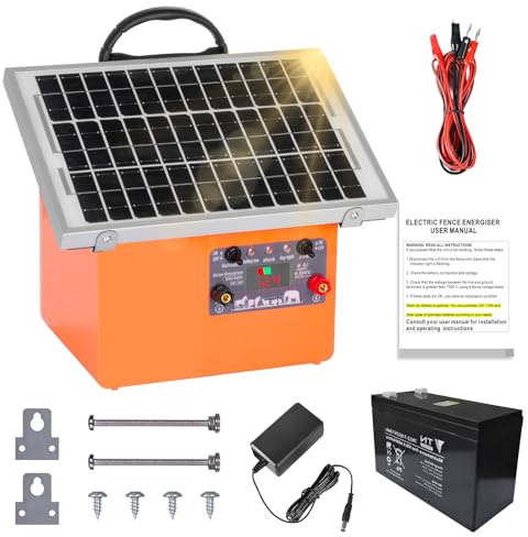 32KM cloture electrique solaire cloture electrique, 9,5 kV berger électrique Contrôleur pour chevaux, clôture électrique 0,5 J pour élevage d'animaux de berger, pour ferme, pâturage, jardin (Orange)