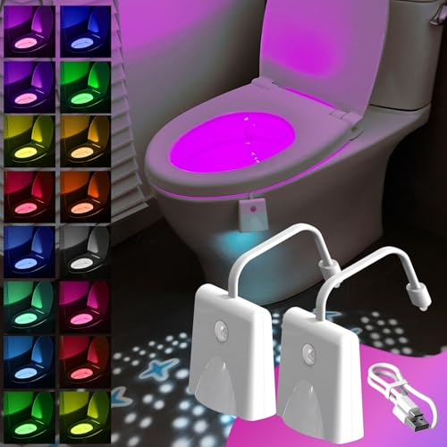 QCGNIUI 2PCS Lampada da toilette a LED,Lampada da toilette impermeabile a 16 colori,Luce notturna con sensore,illuminazione interna del WC ricaricabile USB,Gadget da bagno simpatico,Adatto a tutti i