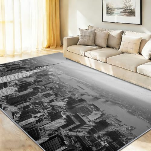Teppich Waschbar Kurzflor Anti-Rutsch Rückseite Modern Stadt Skyline Wolkenkratzer Teppich Schlafzimmer, Grau Teppiche Wohnzimmer 50 x 80 cm
