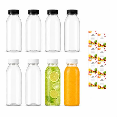 Gkfylomantic 8 Pack 300ml Juice Bottles, Clear Plastic Bottles with Lids | Reusable drink bottles for homemade juice, smoothies, milkshakes, water, lunch boxes, parties and picnics.