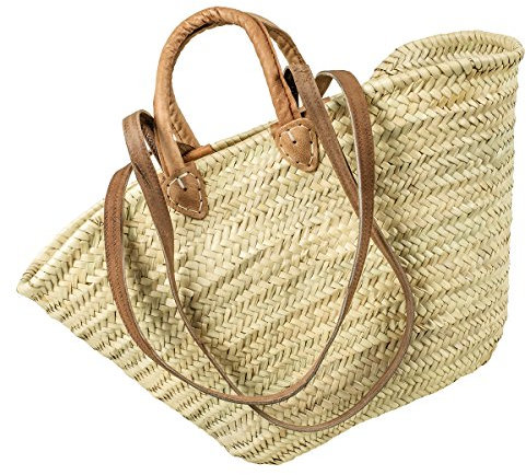 NEUSTANLO | Strandtasche Ibiza | Palmblatt Natur | oval | mit langem und kurzem Echtlederriemen zum Umhängen | ideal auch als Einkaufstasche oder Einkaufskorb