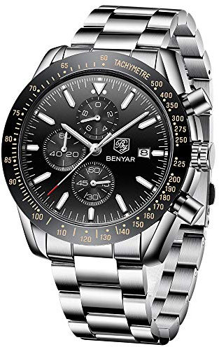 BENYAR Herren Uhr Chronograph Analogue Quartz Wasserdicht Business Schwarz Zifferblatt Armbanduhr mit Edelstahl Armband