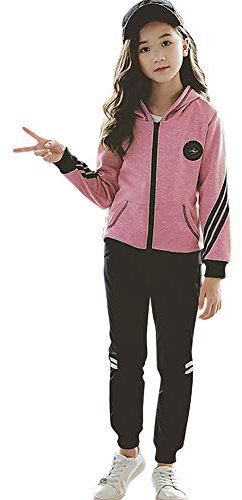 YFPICO Mädchen Trainingsanzug Sportanzug Jogginganzug 3 Teilig Einfarbig Freizeitanzug Kapuzenpullover Sport Jogging Anzug Reißverschluss, Rosa(2 Stücke), 146