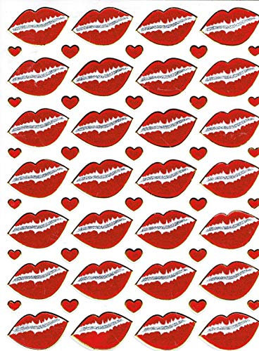 Kussmund Mund Kuss Herz rot Aufkleber 58-teilig 1 Blatt 135 mm x 100 mm Sticker Basteln Kinder Party Metallic-Look