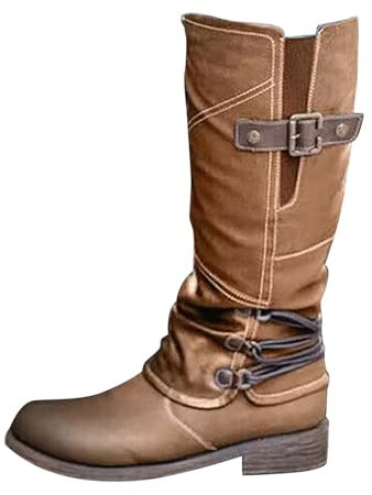 Yowablo Damen Hohe Stiefel, Schuhe Leder Warme Schneestiefel Reitstiefel mit Absatz Beiläufige Schnalle Langschaft Kniehohe Stiefel Mode Casual Square Heels Langer Knöchel Slip (41,Braun)