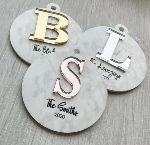 My Pretty Little Gifts Marble effect bauble with 3D mirrored letter Rose Gold, Gold or Silver. Personalised Christmas Tree Decoration