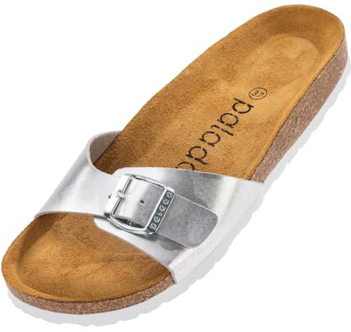 Palado Pantoletten Damen Malta Texas - modische Sandalen Made in Spain - bequeme Hausschuhe mit dämpfendem Kork-Fußbett - elegante Sommerschuhe Silber UK9,5 - EU43