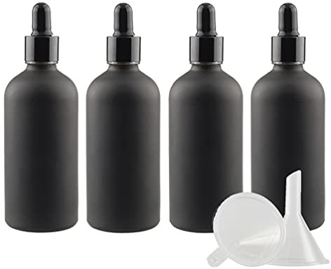 TIANZD 4 Pièces 100ml Flacons en Verre Noir Mat avec Pipettes, 100 ml Bouteilles Compte-gouttes en Verre Vides avec Bouchon à Vis Noir Pour Les Huiles Essentielles Aromathérapie