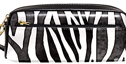 Trousse à crayons en cuir Trousse de toilette Trousse de toilette Pochette Sac à main Organisateur de papeterie avec dragonne Zèbres Noir Blanc