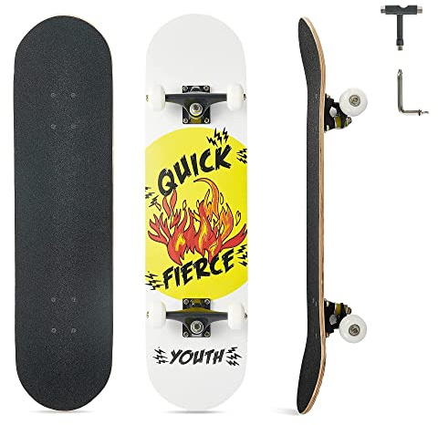 Opurtdor Komplette Skateboard für Erwachsene Anfänger, Cruiser Skateboards 79x20cm,8-Lagiger Kanadischer Ahorn Double Kick Deck Concave mit 95A Rollen für Anfänger und Profi
